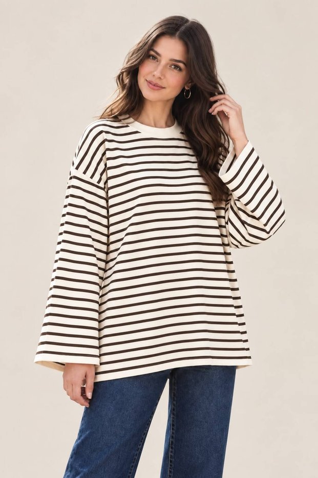 Women's Striped Oversize Crew Neck Sweatshirt
