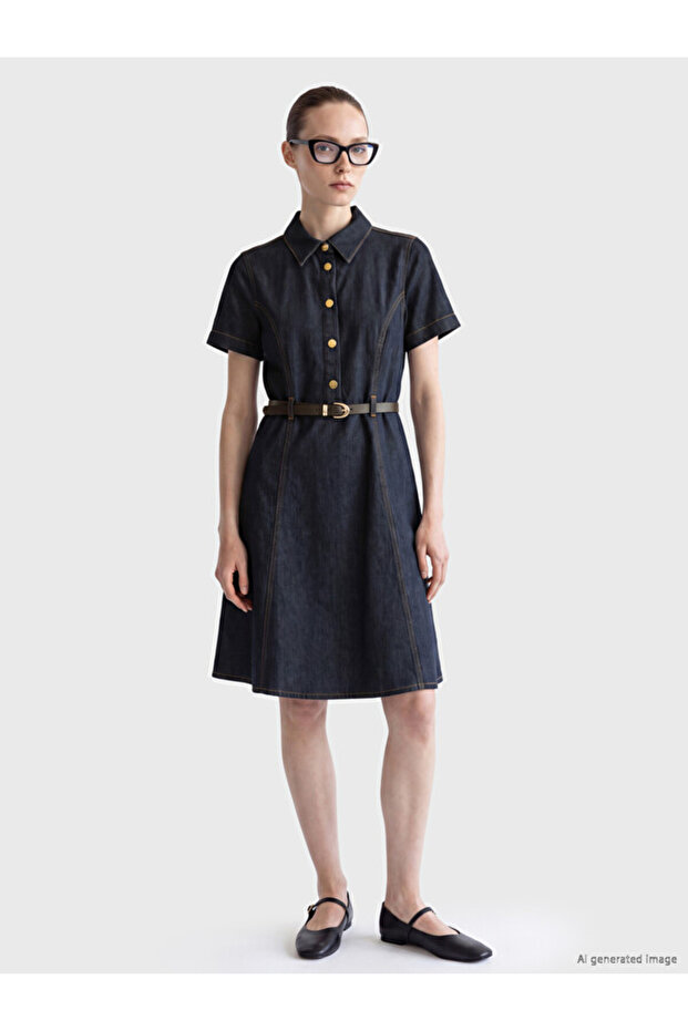 Esvab • Modern & Distinctive Shirt Roba Collar Belted Mini Jean Dress