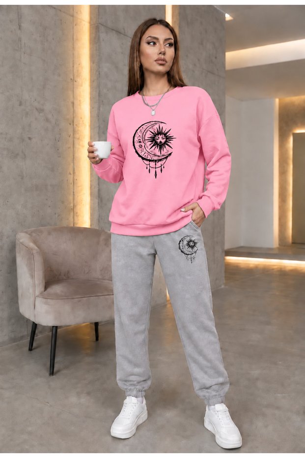 Zero Collar Sweat Suit 2-Piece Combination Winter Shardoon Sun and Moon Printed Women's / Girls' Model