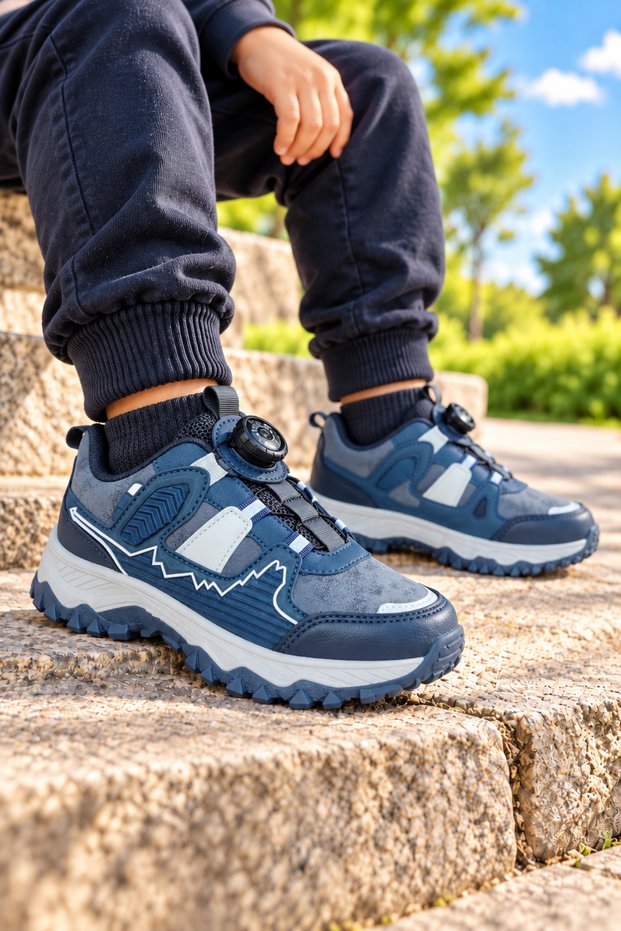 Children's Navy Blue Smart Lace-Up Thick Sole Outdoor Daily Sports Shoes