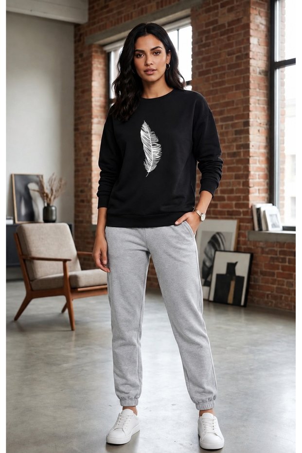 Zero Collar Sweat Suit 2-Piece Combination Winter Sharp Feather Printed Women's / Girls' Model