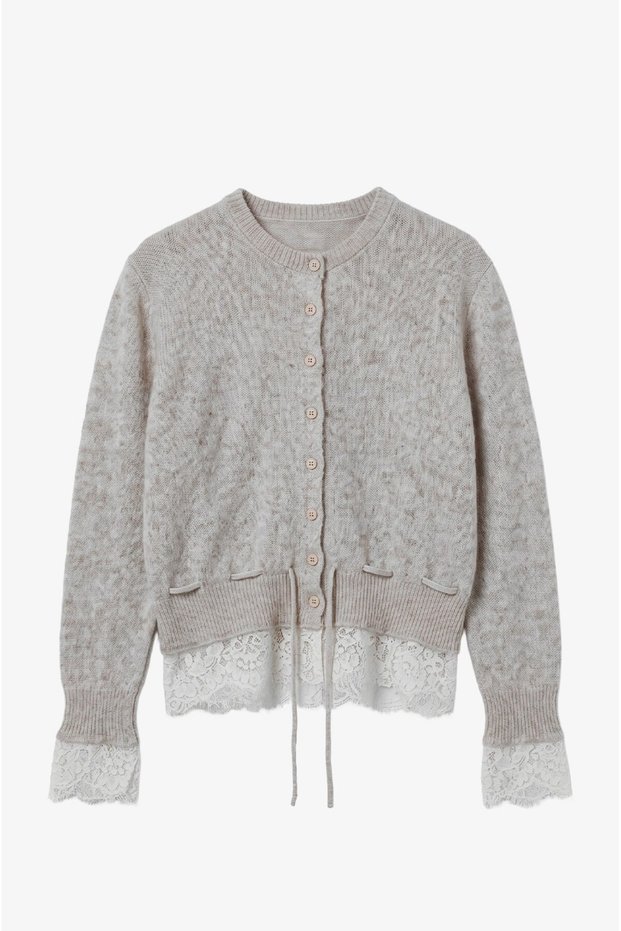 Beige Lace Detailed Waist Drawstring Cardigan