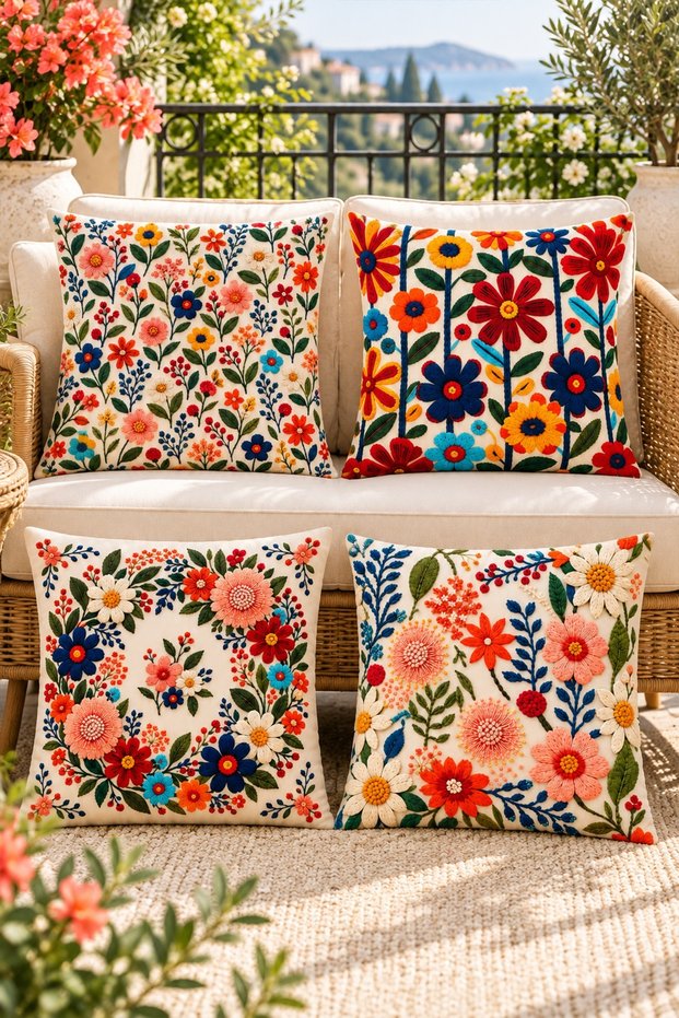 Colorful Flowers Patterned 4-Piece Throw Pillow Cover Set