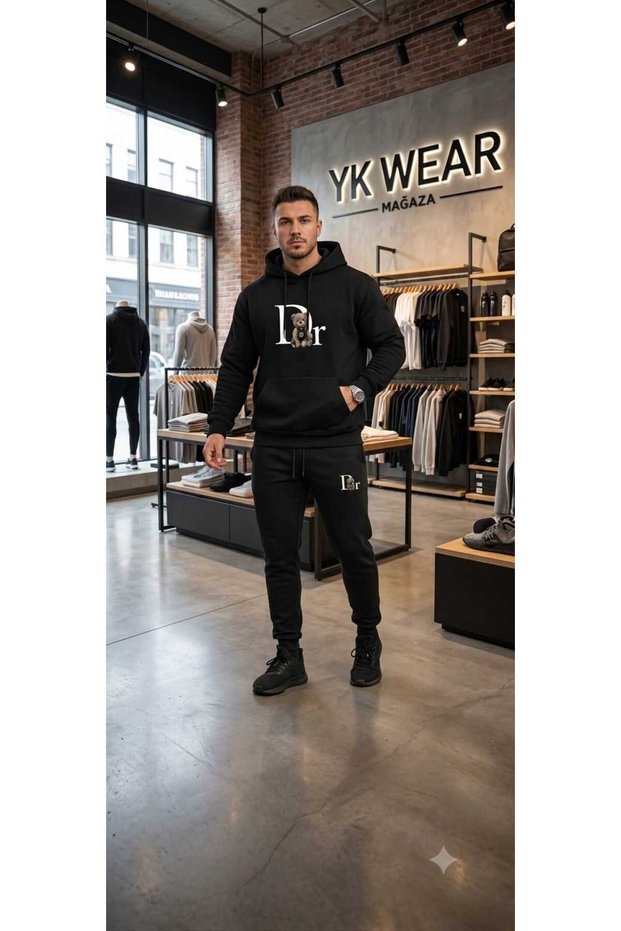Unisex Teddy Bear Printed Oversize Hooded Sweatshirt and Sweatpants Set Top and Bottom Combination