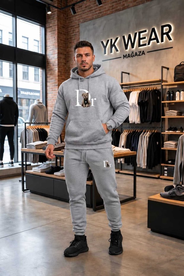 Unisex Teddy Bear Printed Oversize Hooded Sweatshirt and Sweatpants Set Top and Bottom Combination