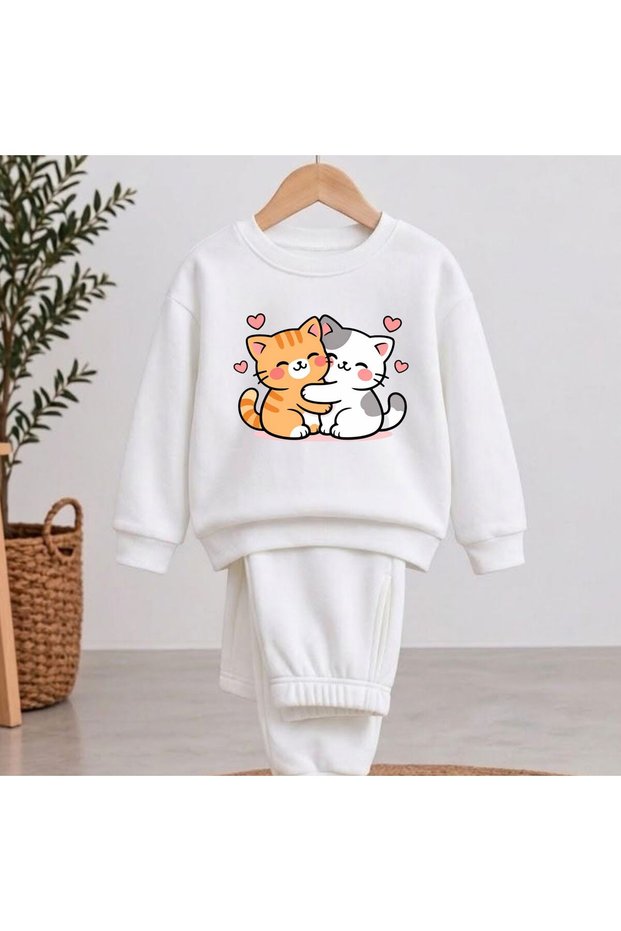 Team Sweatshirt Tiny Cat Heart Printed Girls' Boys' Crew Neck