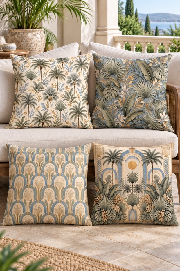 Green Palms Patterned 4-Piece Throw Pillow Cover Set
