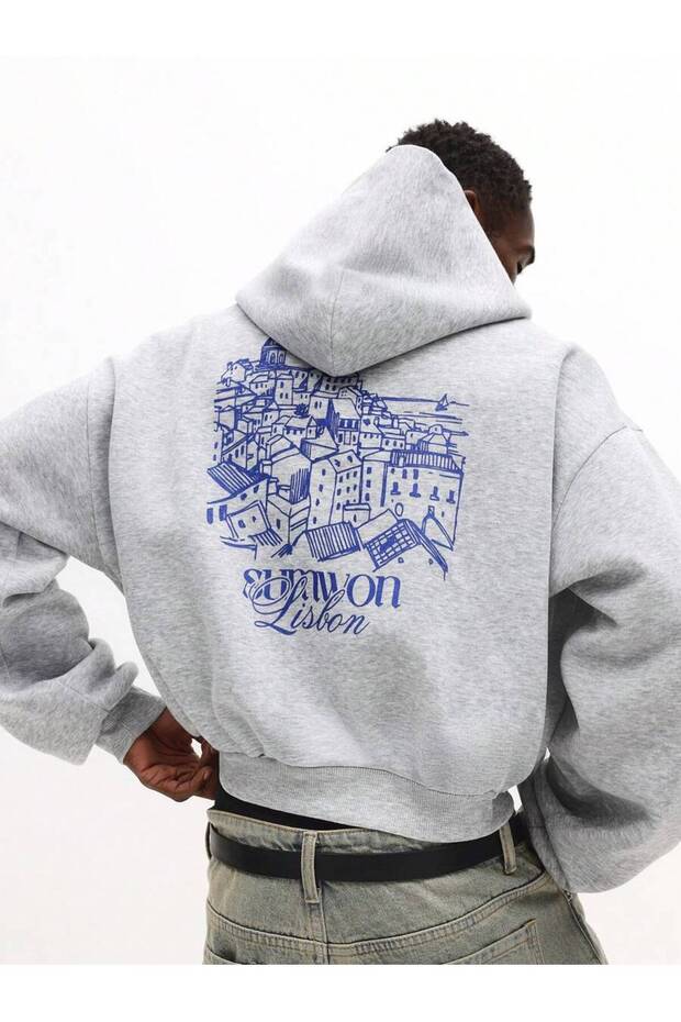 Gray Lisbon Sweatshirt - Printed Oversize Hooded Sweatshirt