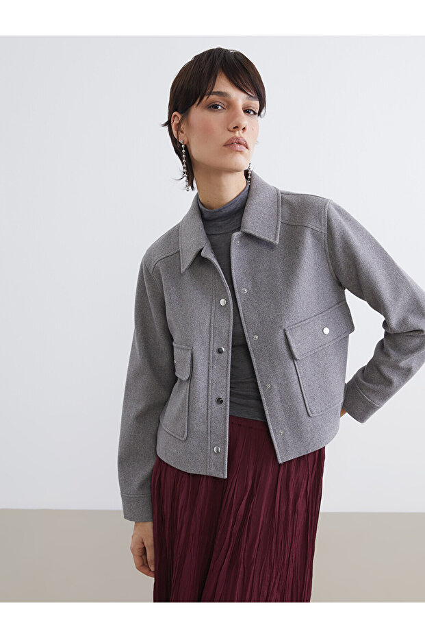 Two Mt Shop Quality Lcw Vision Gray Cashmere Plain Loose & Baggy Women's Jacket