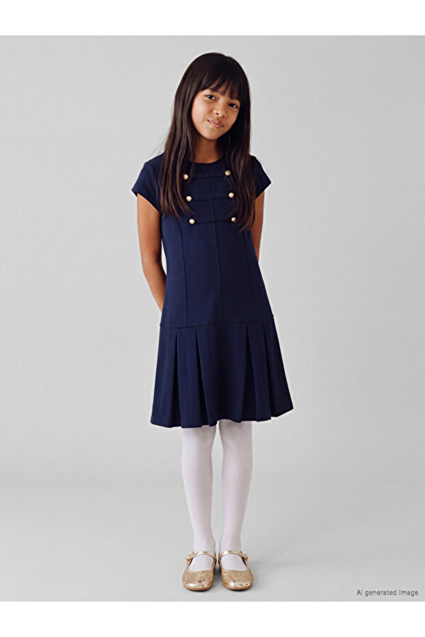Esvab • Modern & Distinctive Pleated Girls' Dress with Button Detail
