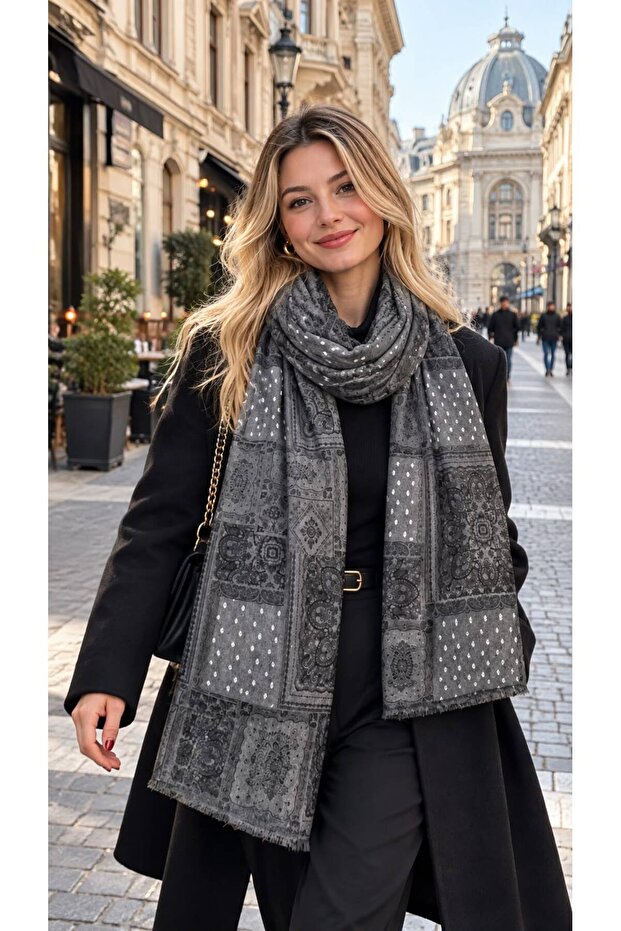 Black Ethnic Patterned Women's Shawl 90X180 cm
