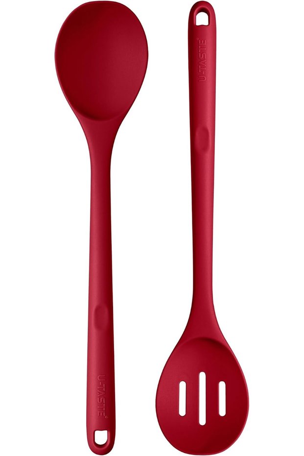 Solid & Slotted Silicone Cooking Spoons for Serving (Red)