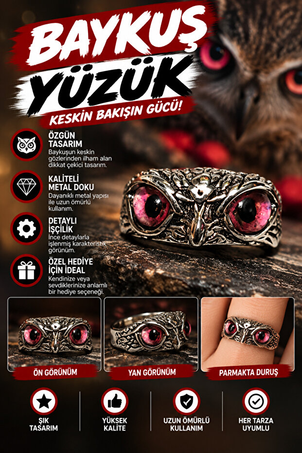 Owl Ring – Embossed Metal Design with Pink Eye Detail
