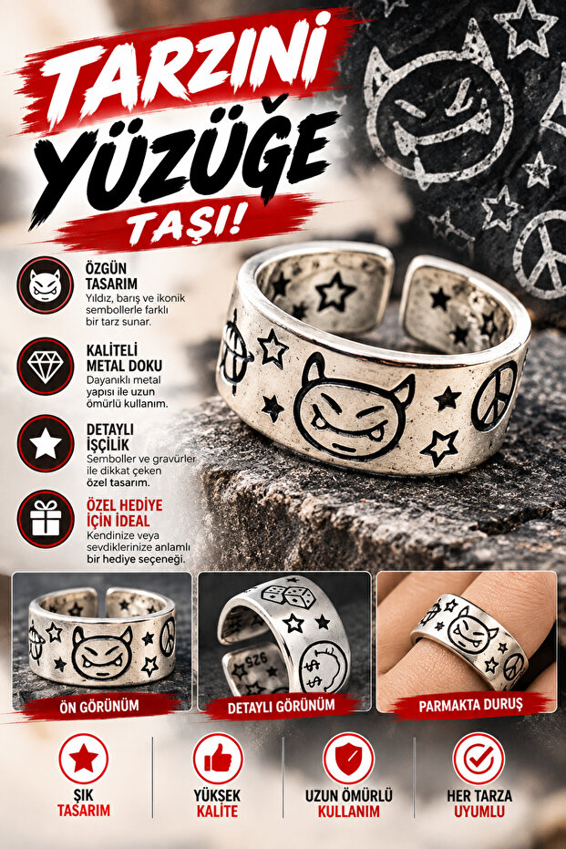 Symbol Patterned Ring – Original Design with Star and Peace Figures