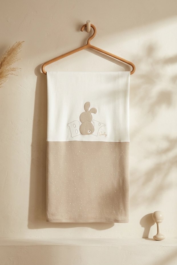 Bunny Embroidered Two-Tone Cotton Baby Blanket - Mocha & Cream Polka Dot Soft Swaddle