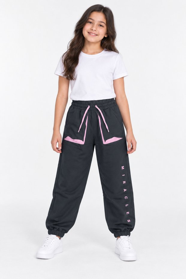 19010-26 Girl's Text Printed White Stripe Detailed Elastic Jogger Sweatpants 9–12 Years Old