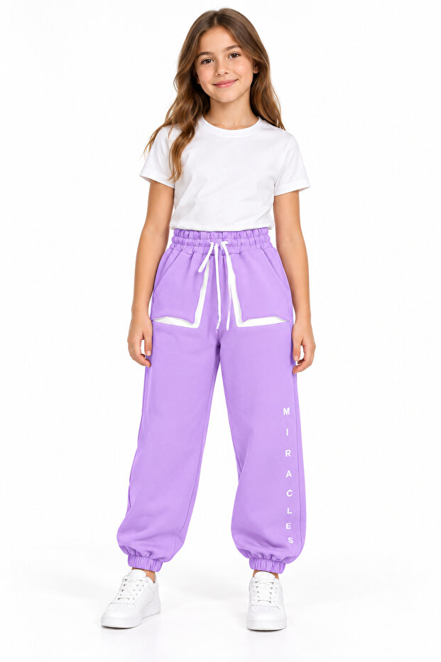 19010-26 Girl's Text Printed White Stripe Detailed Elastic Jogger Sweatpants 9–12 Years Old