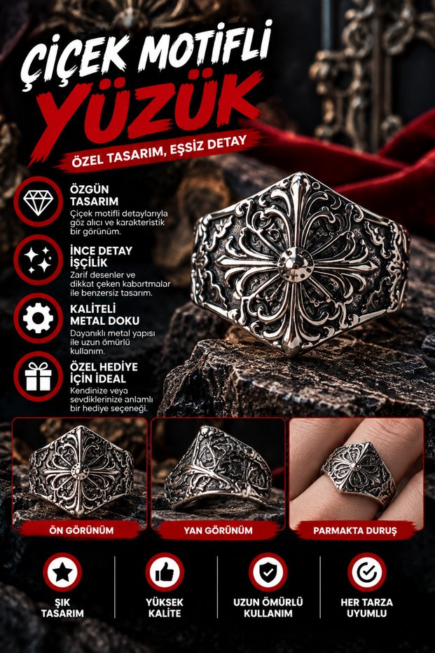 Floral Motif Embroidered Vintage Look Ring