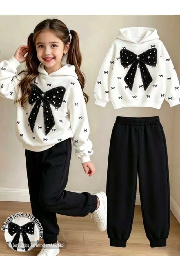Pek-Şik Moda Stylish Girls' Set with Ribbon Embroidery and Pearls
