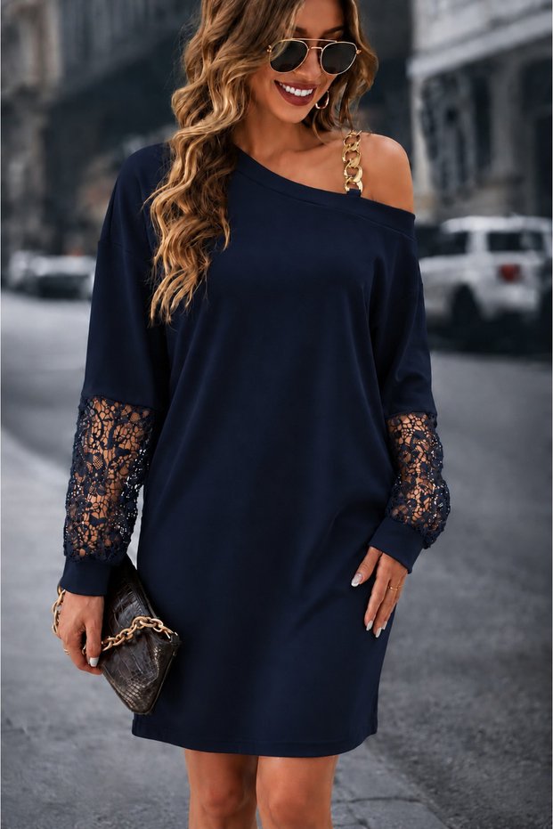 Women's long sleeve one shoulder chain detail short modal dress