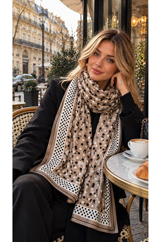 Beige Polka Dot Patterned Women's Shawl 90X180 cm