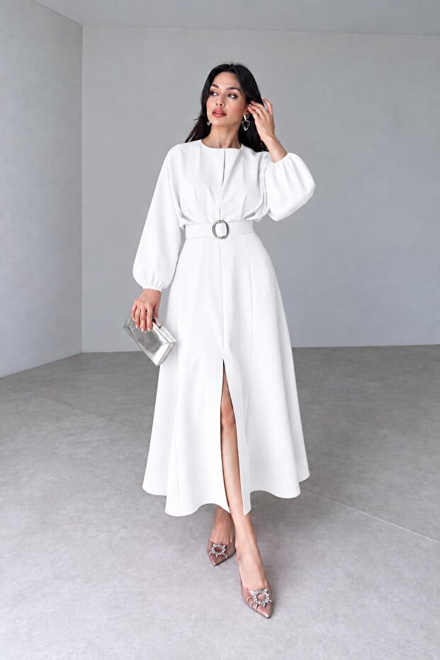Belted Pleated Slit Pleated Dress