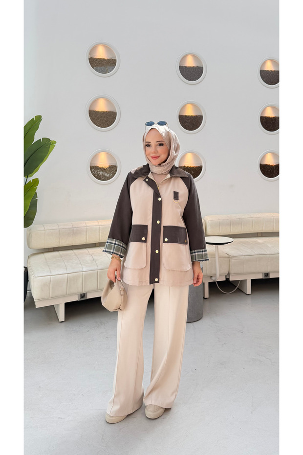 Women's Garnished Double Color Plaid Detailed Trench Coat