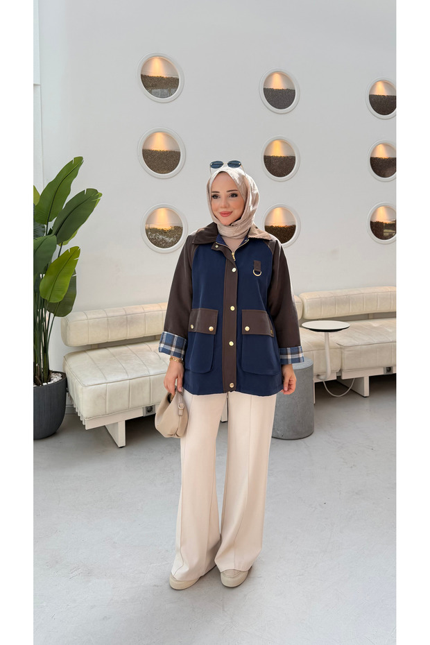 Women's Garnished Double Color Plaid Detailed Trench Coat