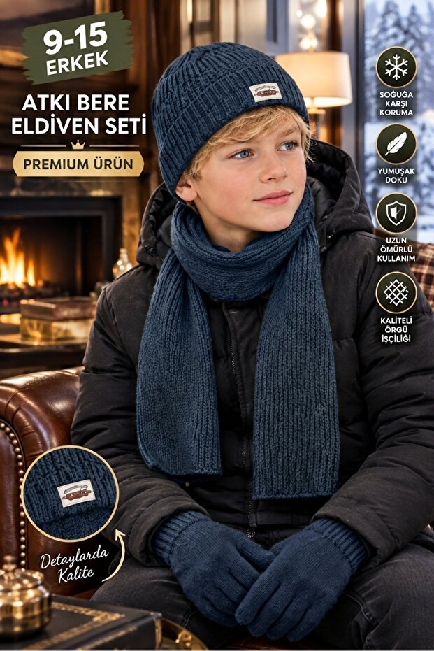 Lux 9-15 Years Old Children's 3-Piece Winter Set: Pompom Beanie, Scarf and Gloves Premium