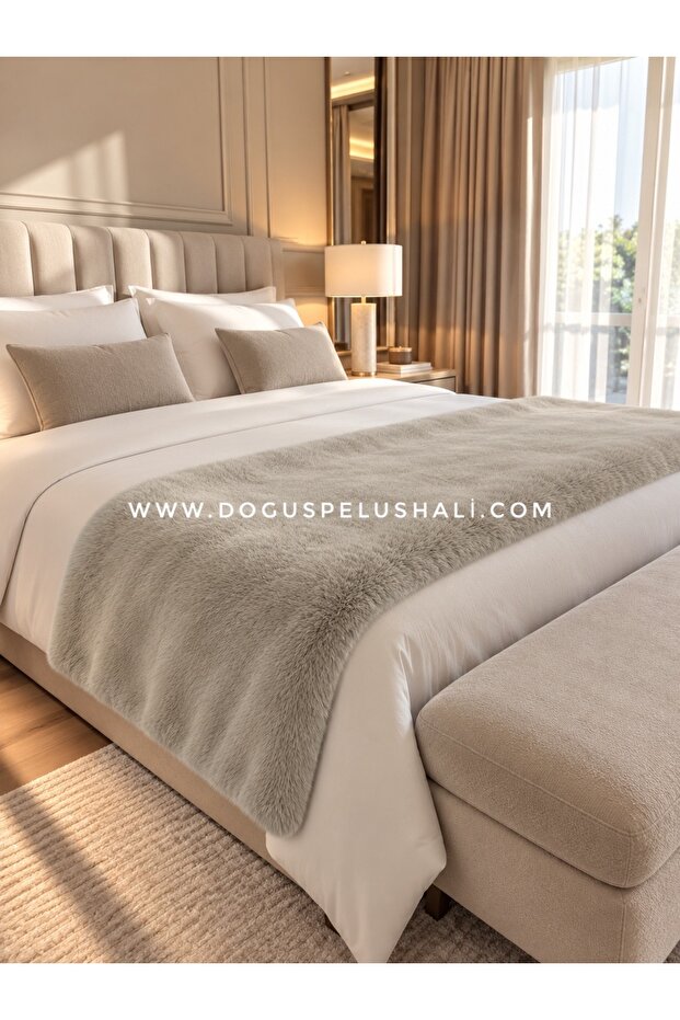 Ultra Soft Fluffy Beige Plush Bed End Runner