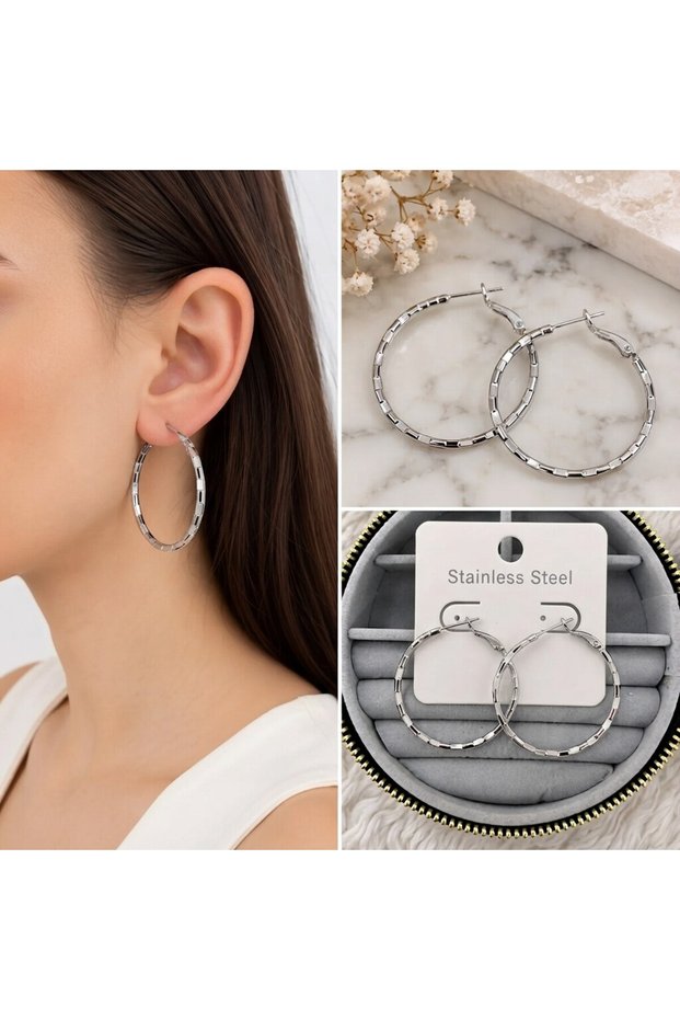 💎 Premium Shiny and Stylish Silver Color Textured Medium Size Hoop Women's Steel Earrings