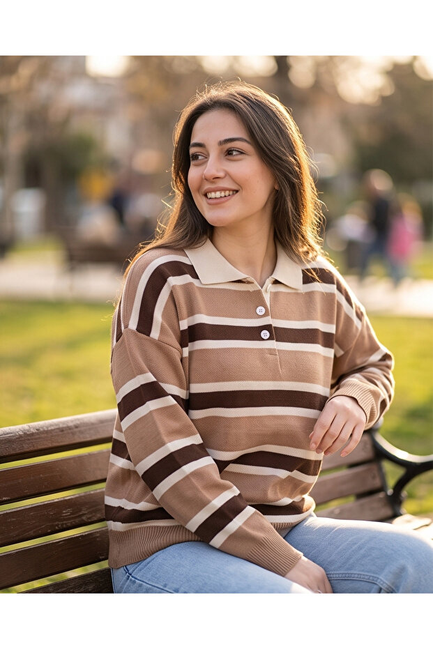 Women's Polo Collar Striped Buttoned Oversize Knitwear Sweater