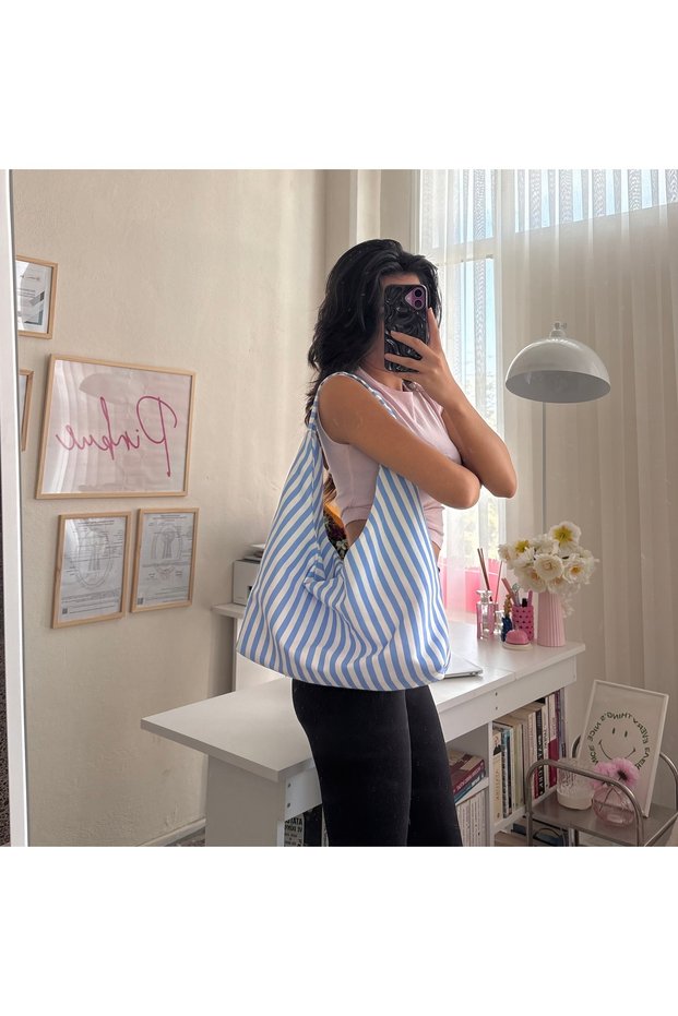 Blue and White Striped Large Shoulder Bag 13 Inch Laptop Compatible Pink Lined Snap Fastener Tote Bag