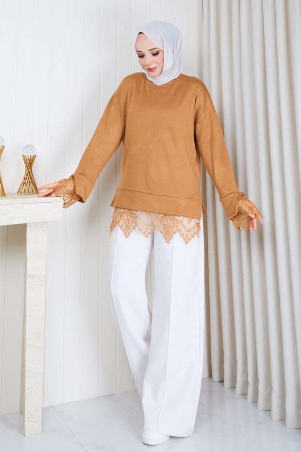 Lace Detailed Knitwear Fabric Oversize Tunic – Comfortable Fit Long Sleeve Women's Tunic with Lace at Hem and Sleeves
