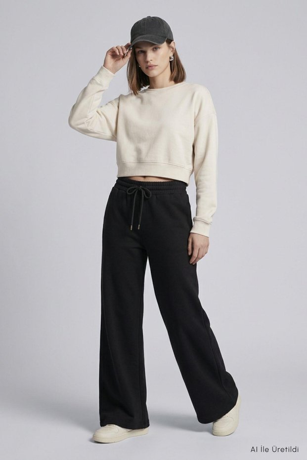 Adjustable Waist Pocket Palazzo Sweatpants 500 Black