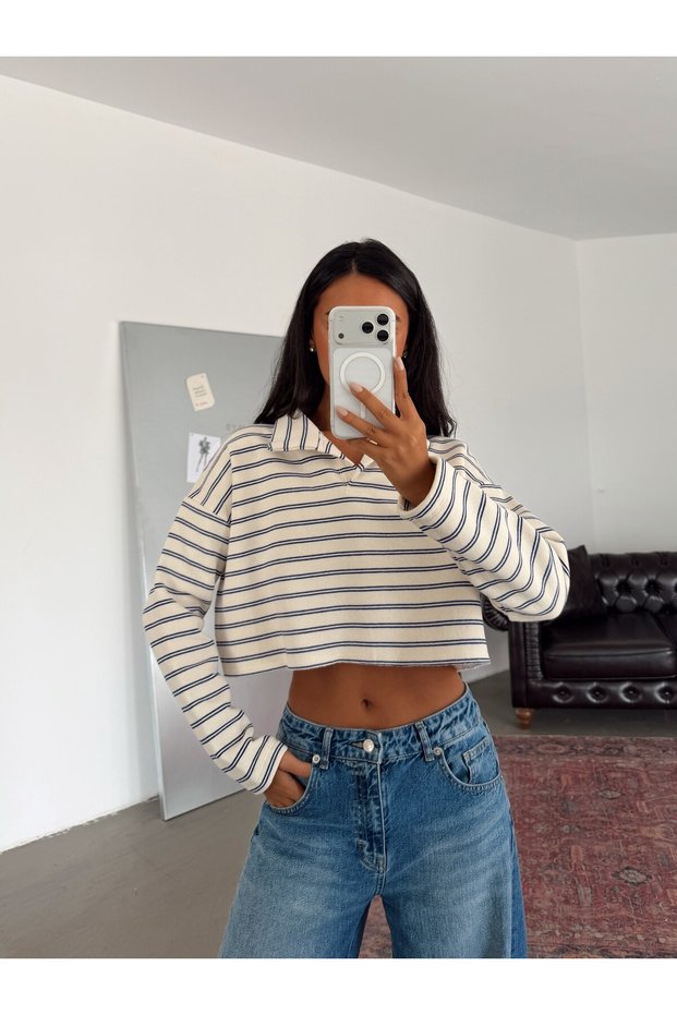 Polo Collar Striped Crop Sweatshirt - Blue