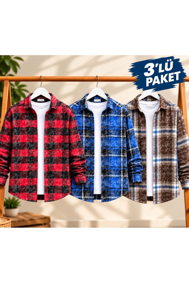 Men's Set of 3 Plaid Pattern Lumberjack Shirts