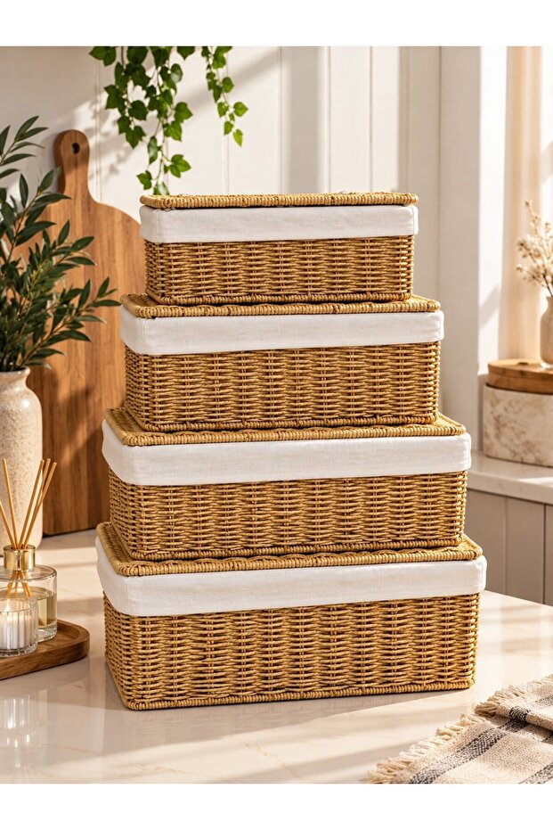 4-Piece Covered Wicker Fabric-Lined Rattan Organizer Basket Trn603