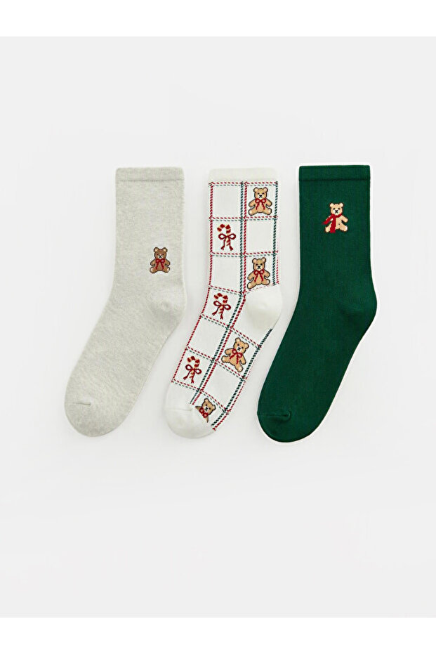 Rmz Gi̇yi̇m Farkiyla Teddy Bear Embroidered Women's Socks 3-Piece Set