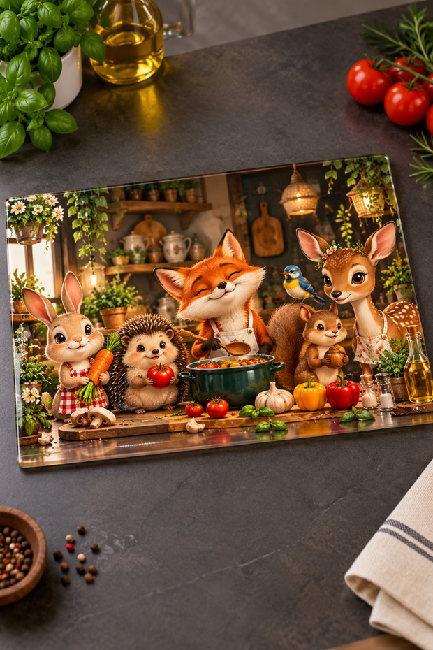 Glass Cutting Board with Chef Fox and Friends Theme - Glass Cutting Board | 30cm X 40cm