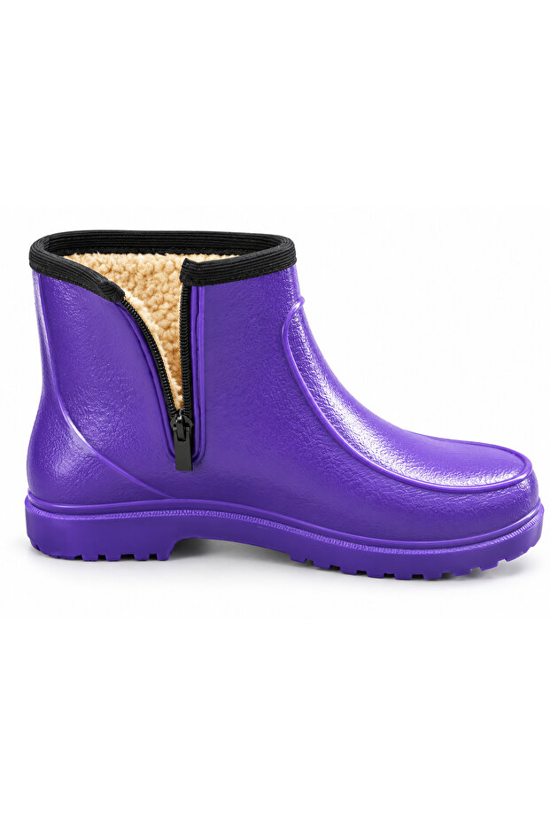 Purple Zippered Woolen Women's Rain Boots – Winter Short Garden Boots