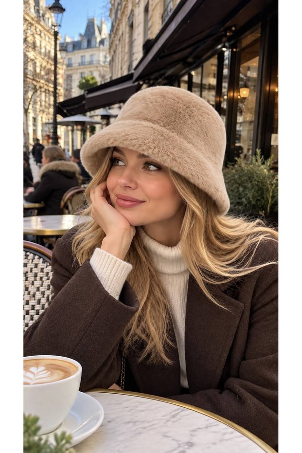 Beige Soft Textured Plush Bucket Women's Hat