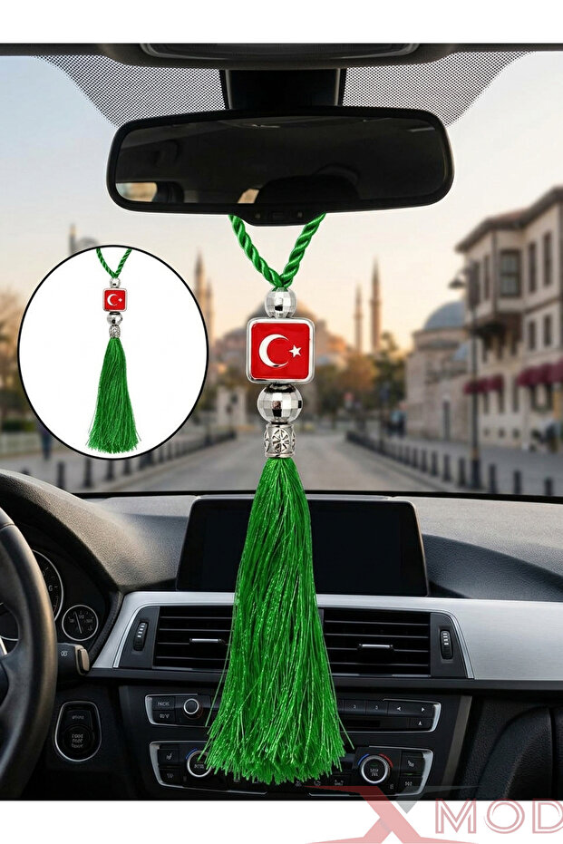 Car Rear View Mirror Ornament Turkish Flag Sticker Ornament with Tassels Green