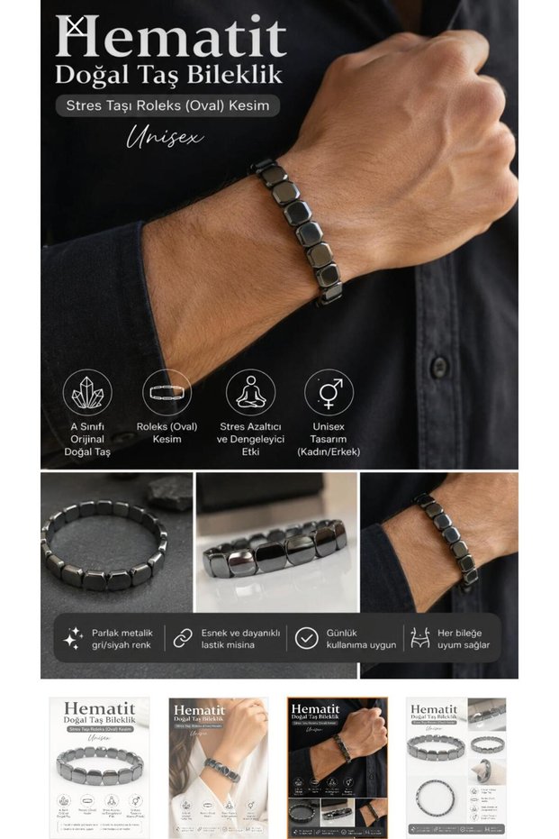 Hematite Natural Stone Smoked Color Men's Bracelet - Stress Stone