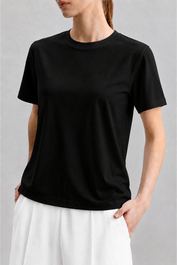 Crew Neck Lycra Short Sleeve T-Shirt - Black