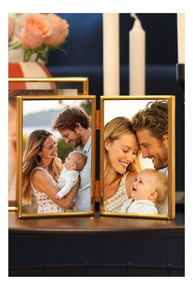 4x6 Double Photo Frame for Photo Sizes 2.5×3.5'', 3.5×5'', 4×6'', Gold Floating Picture Frame, Hing