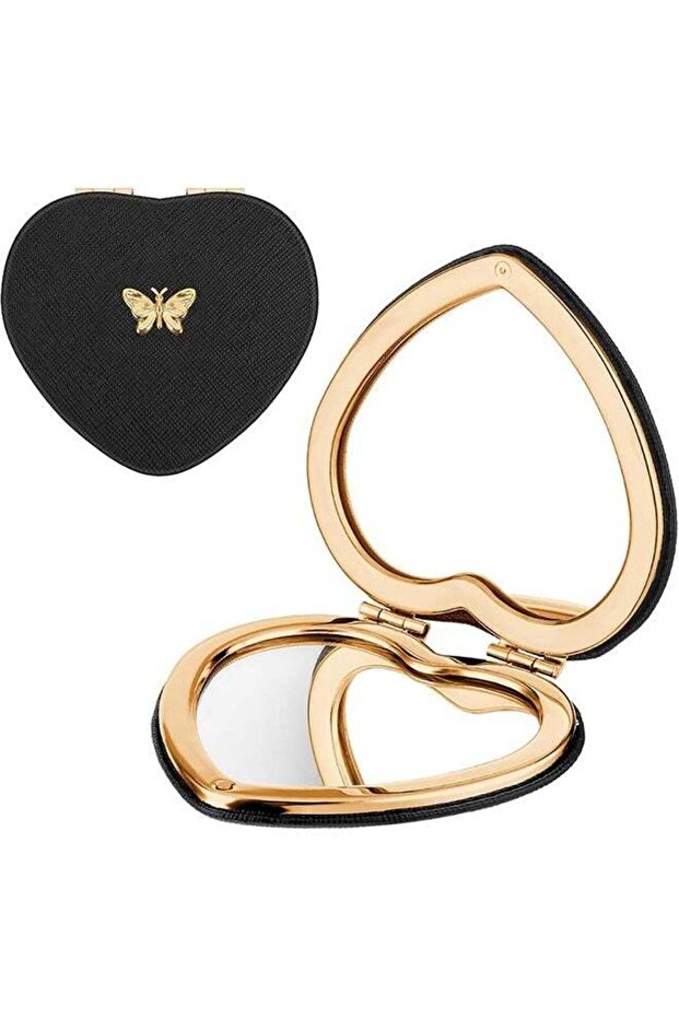 Heart Shaped Double-Sided 1X/2X Magnifying Mirror, Compact Folding PU Leather Makeup Mirror, Ultra-