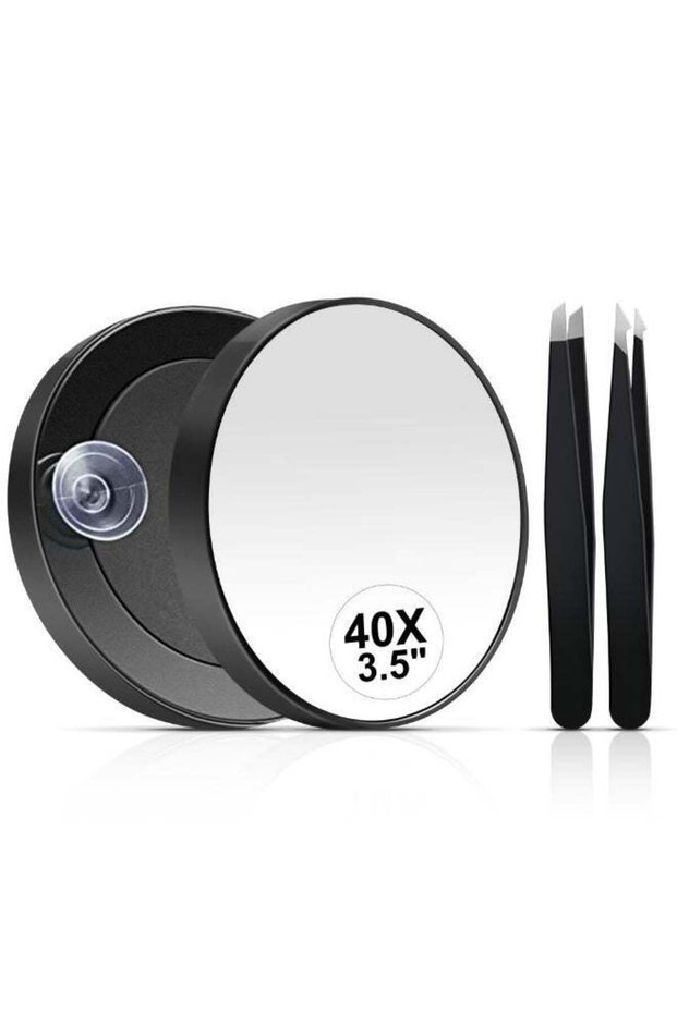 40X Magnifying Mirror, Compact Travel Mirror with Suction Cup, Tweezers, 3.5 Inches, Black