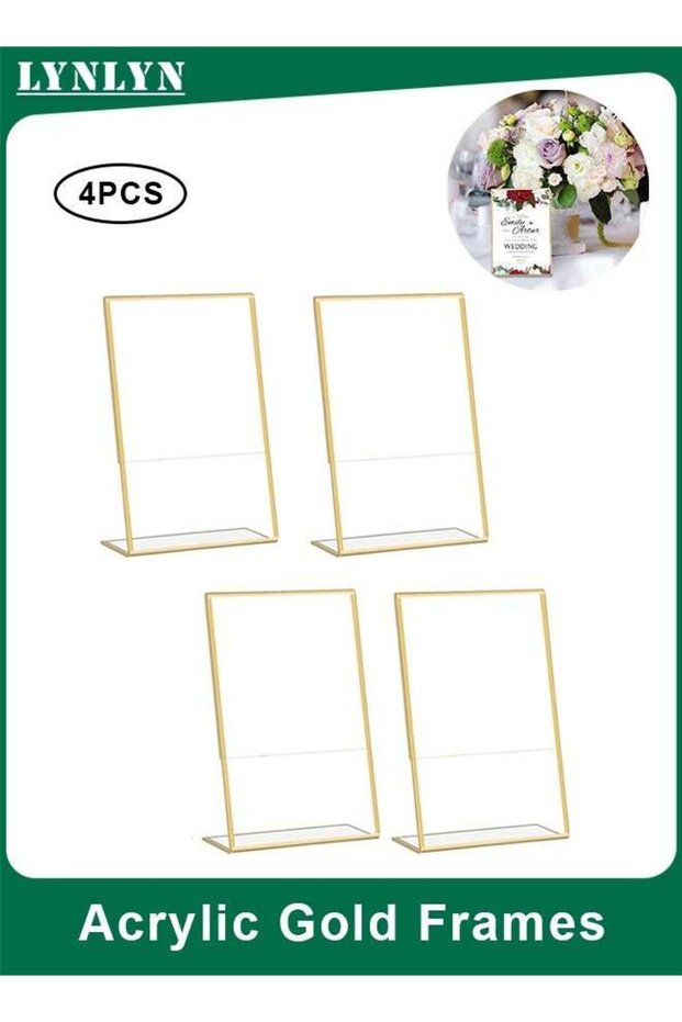 4-Pack Acrylic Gold Frames, Slant Back L-Shape Display Stands for Wedding, Party, Office, Restauran