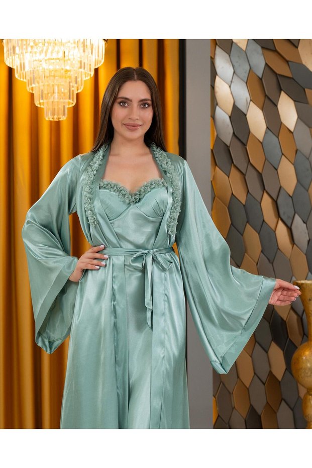 Special Design Elegant Rose Detailed 2-Piece Full Satin Long Dressing Gown Nightgown Set (Boxed)